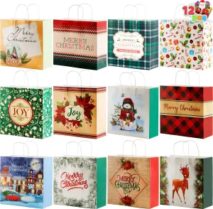 12 PCS Christmas Kraft Paper Gift Bags 12'' X 12'' X 5''