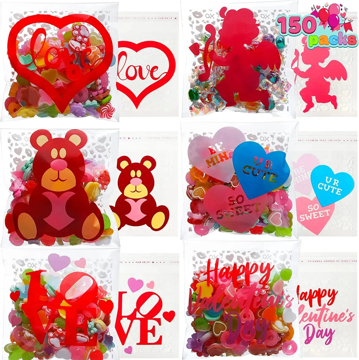 150Pcs Valentines Four-sided Cellophane Bag