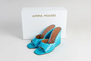 Amina Muaddi Blue Print Croc Lupita Wedge Mules Size 39
