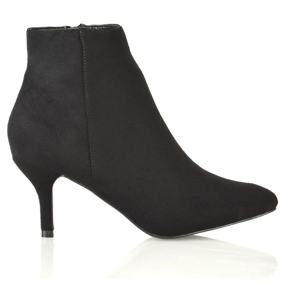 Anastasia Low mid Kitten High Heel Stiletto Zip-up Ankle Boots in Black Faux Suede