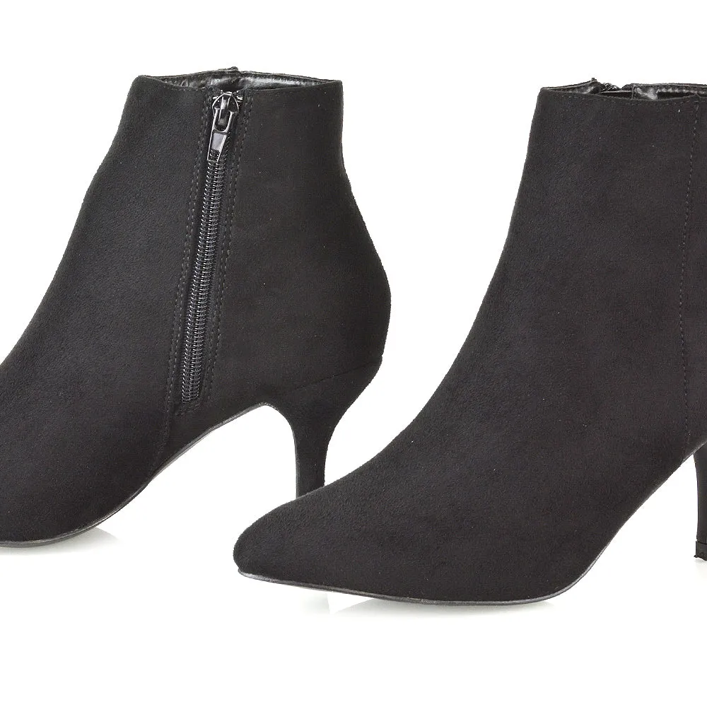 Anastasia Low mid Kitten High Heel Stiletto Zip-up Ankle Boots in Black Faux Suede