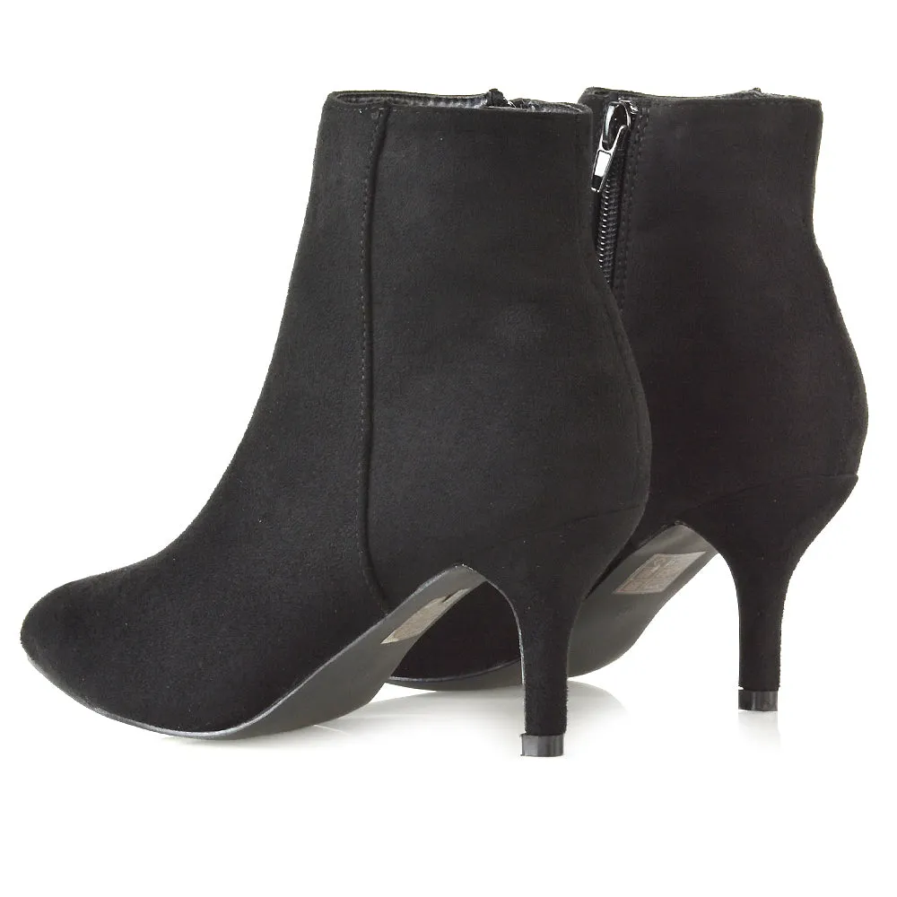 Anastasia Low mid Kitten High Heel Stiletto Zip-up Ankle Boots in Black Faux Suede