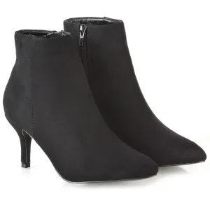 Anastasia Low mid Kitten High Heel Stiletto Zip-up Ankle Boots in Black Faux Suede