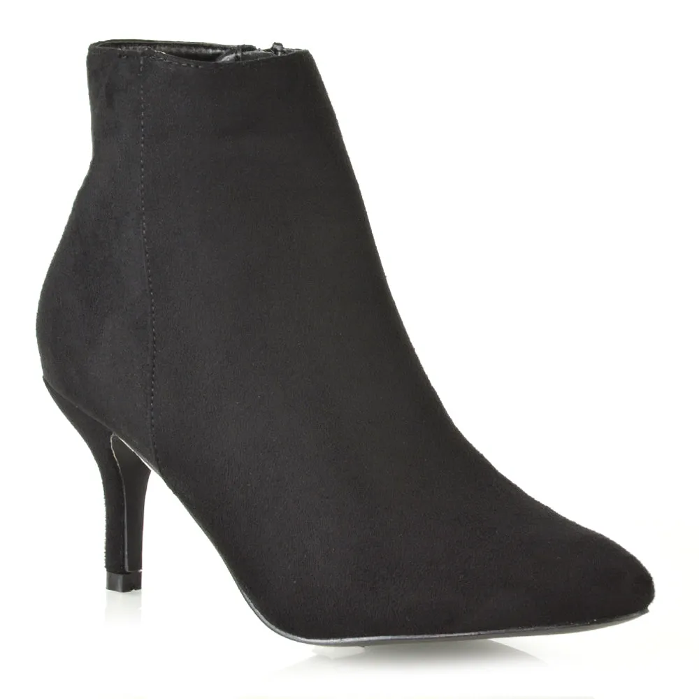 Anastasia Low mid Kitten High Heel Stiletto Zip-up Ankle Boots in Black Faux Suede