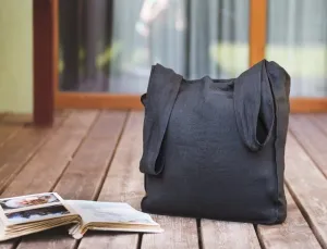 Black linen tote bag with inside pocket