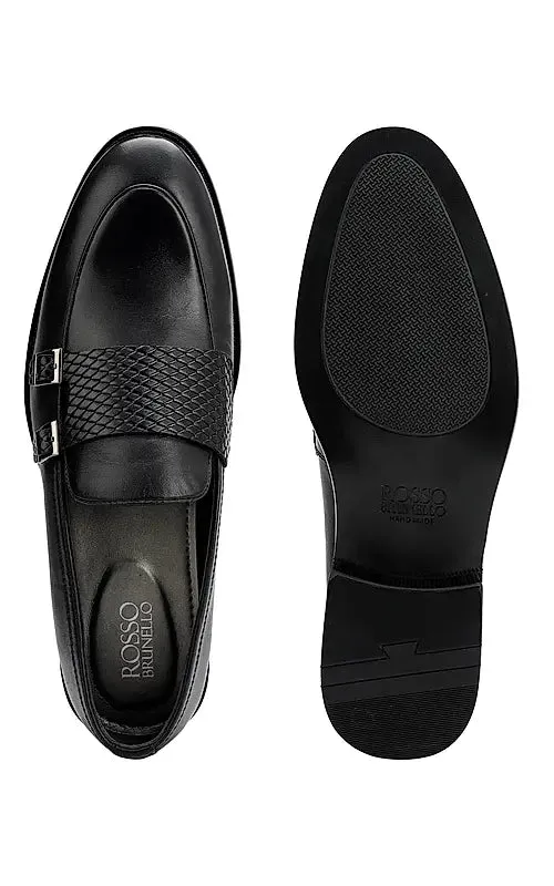 Black Textured Leather Double Monk Straps