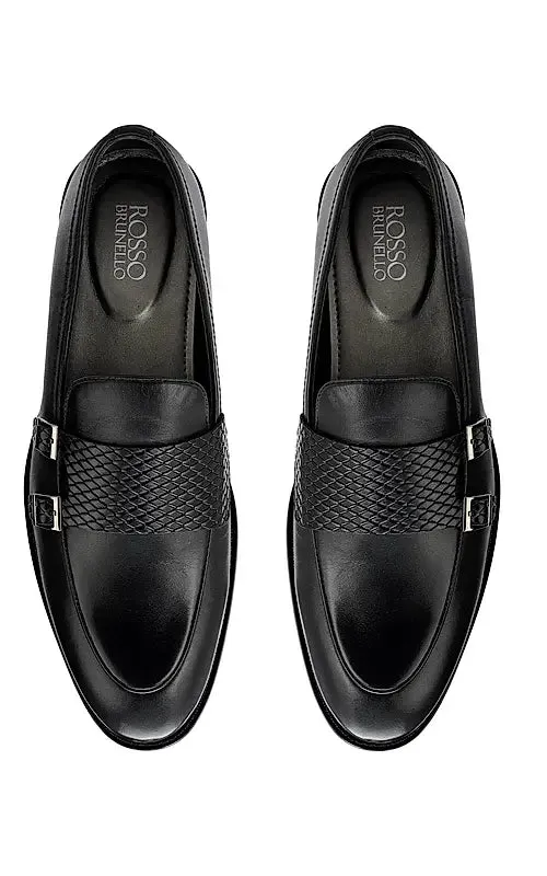 Black Textured Leather Double Monk Straps