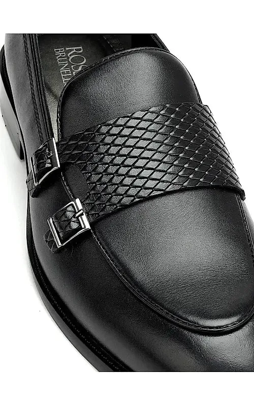 Black Textured Leather Double Monk Straps