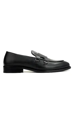 Black Textured Leather Double Monk Straps