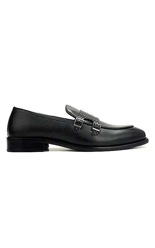 Black Textured Leather Double Monk Straps