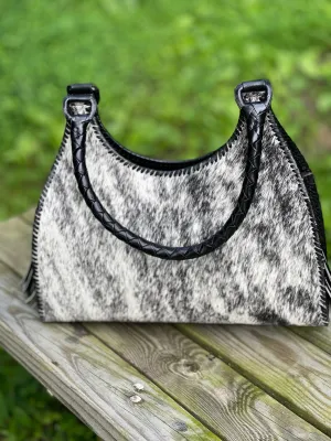 Calf Hair Leather Shoulder Bag, ALLE "LUNA PELO", Black & White