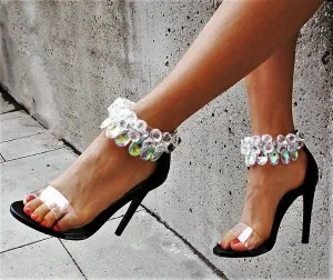 CAPE ROBBIN SUZZY-54 Rhinestone Crystal Chandelier Ankle Stiletto Sandal Black