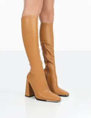 Caryn Camel Grain Pu Knee High Heeled Boots