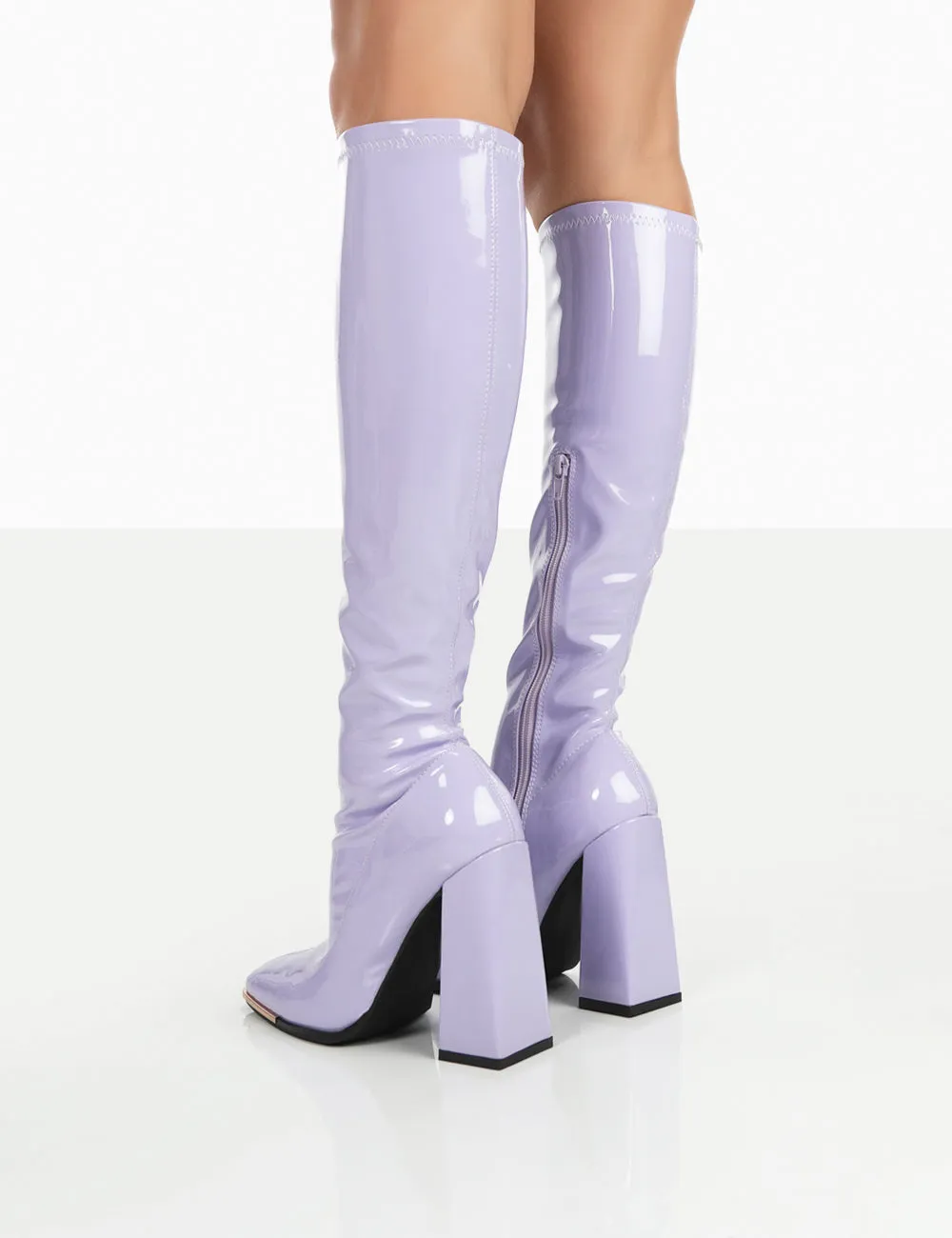Caryn Lilac Patent Knee High Heeled Boots