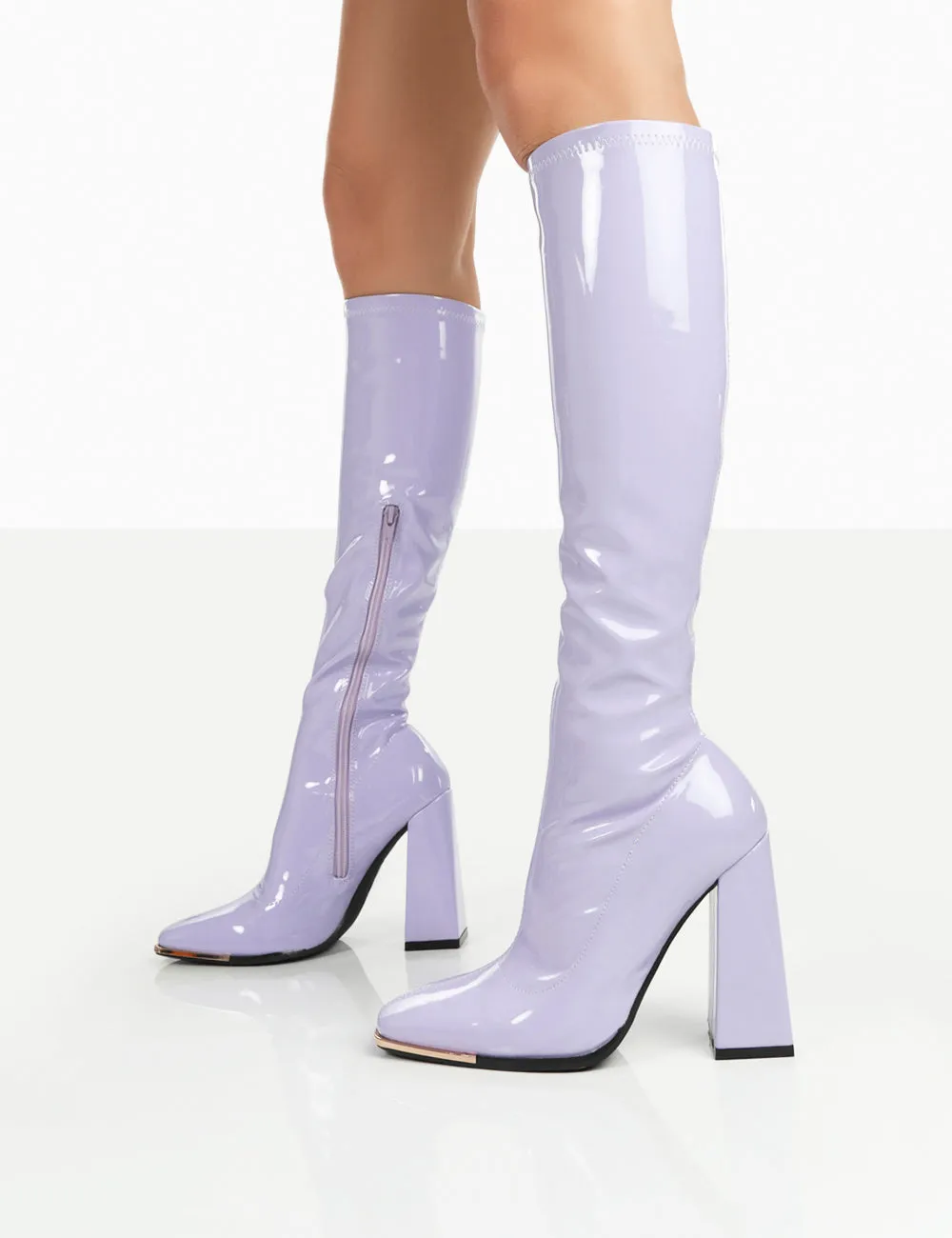 Caryn Lilac Patent Knee High Heeled Boots