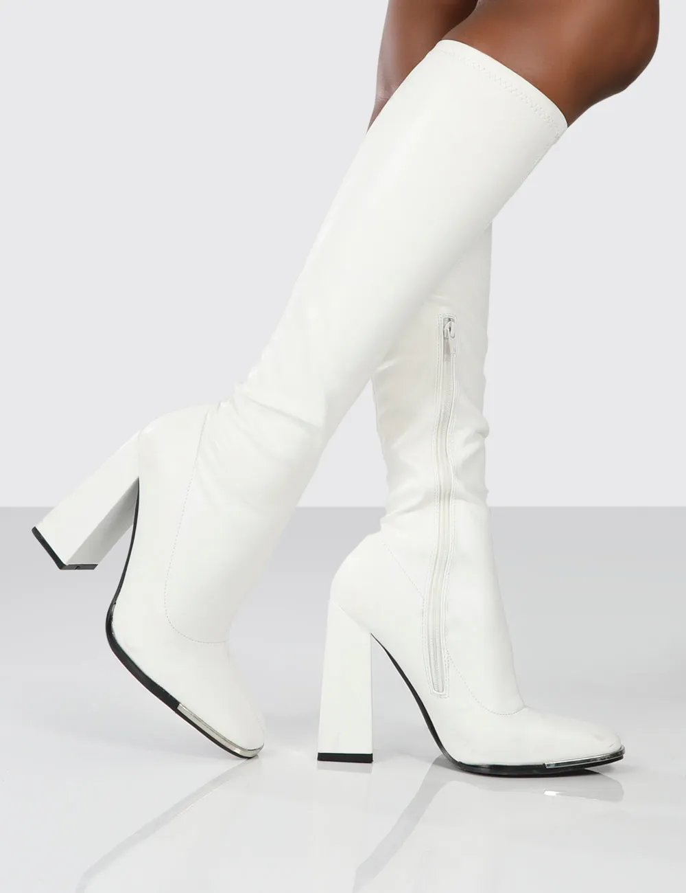 Caryn White PU White Heeled Knee High Boots