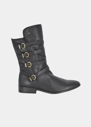 Cinderella Shoes Black Leather Buckle Midi Boots