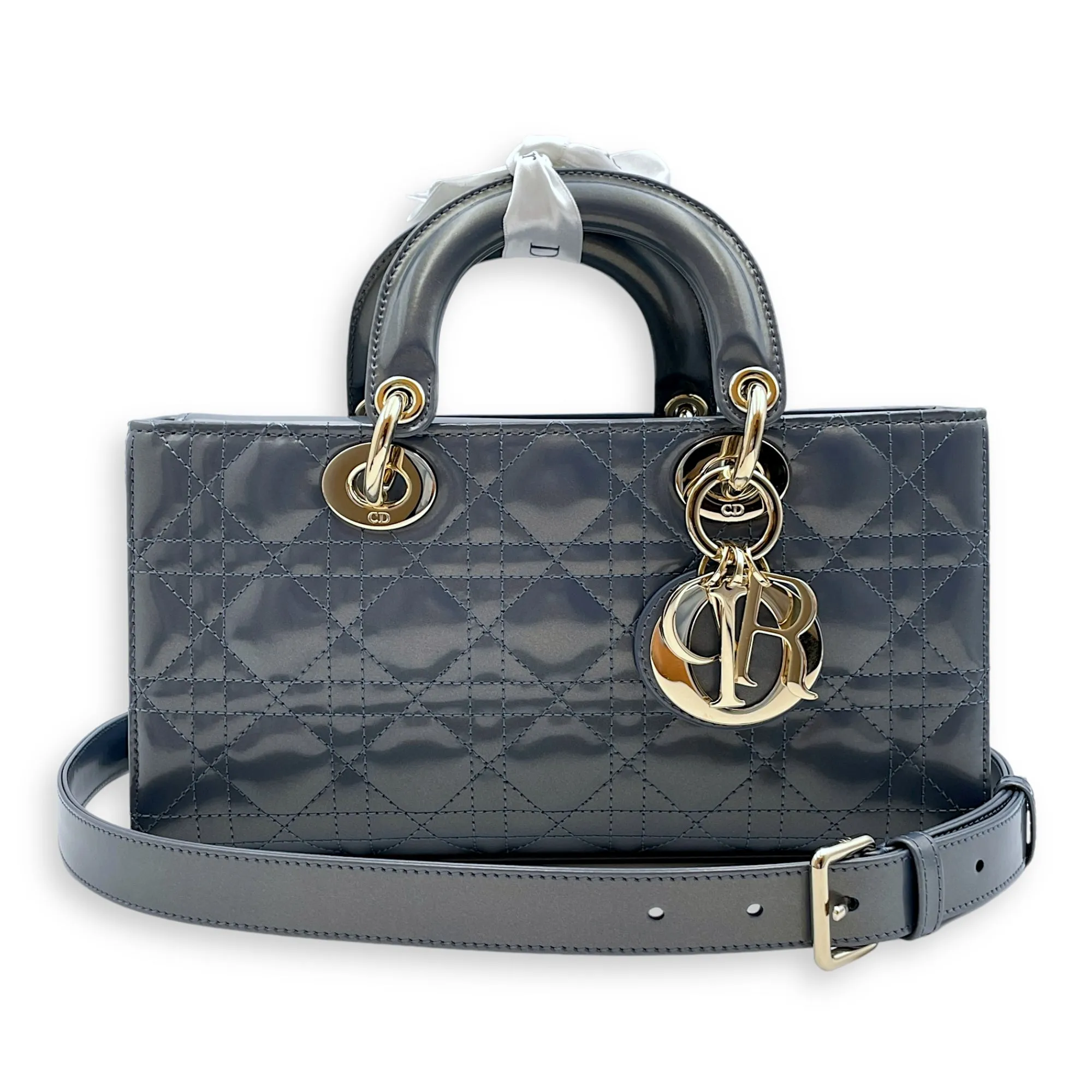 D-Joy Medium Iridescent Pastel Midnight Blue Crossbody Bag in Patent Leather, Gold hardware