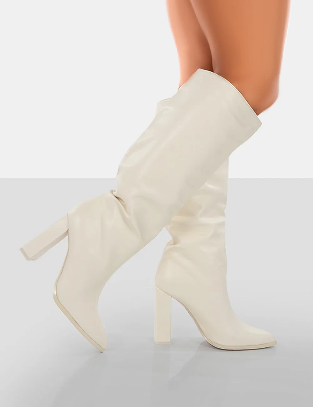 Far Away Ecru Grain PU Square Toe Knee High Boots
