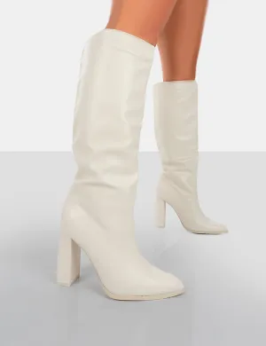 Far Away Ecru Grain PU Square Toe Knee High Boots