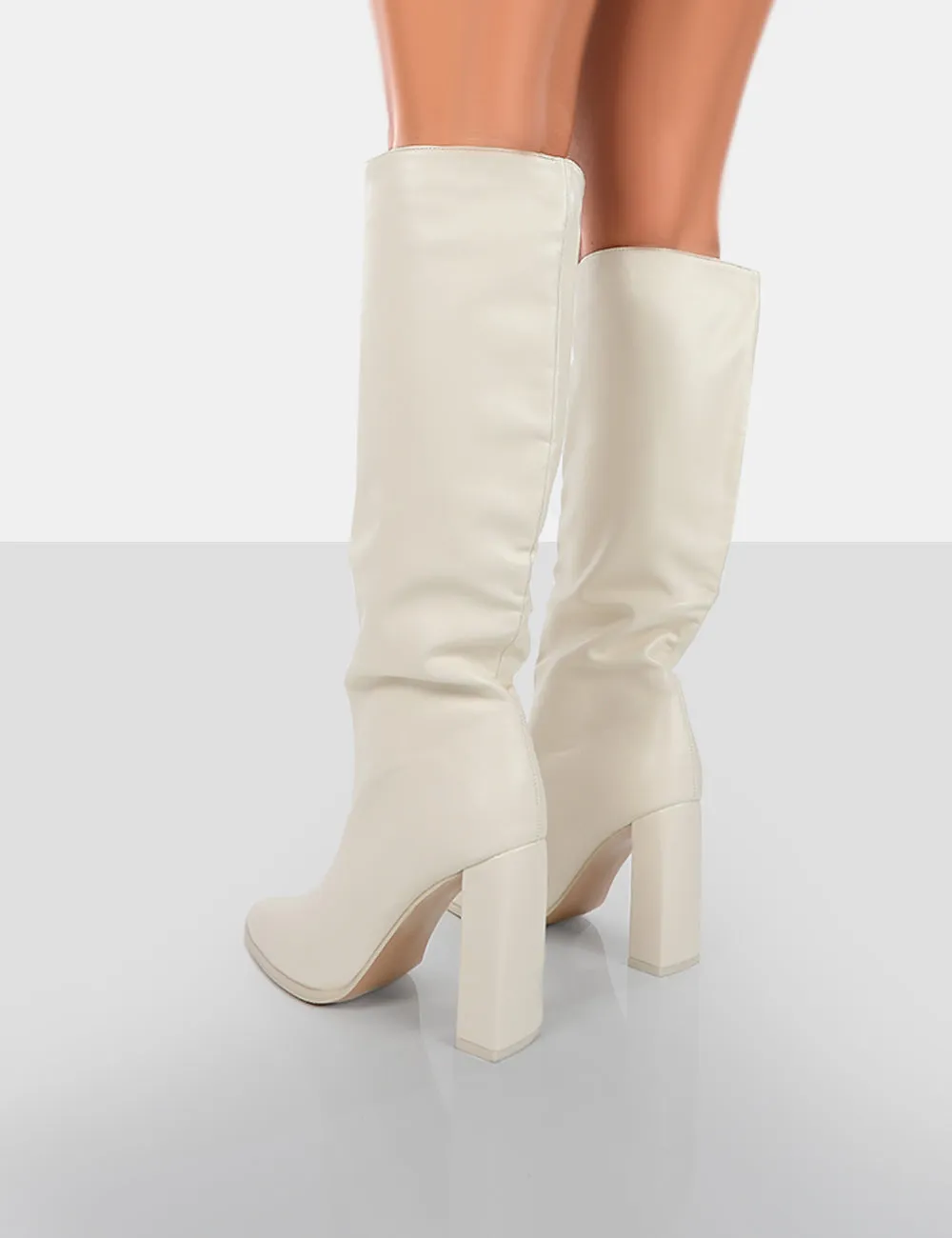 Far Away Ecru Grain PU Square Toe Knee High Boots