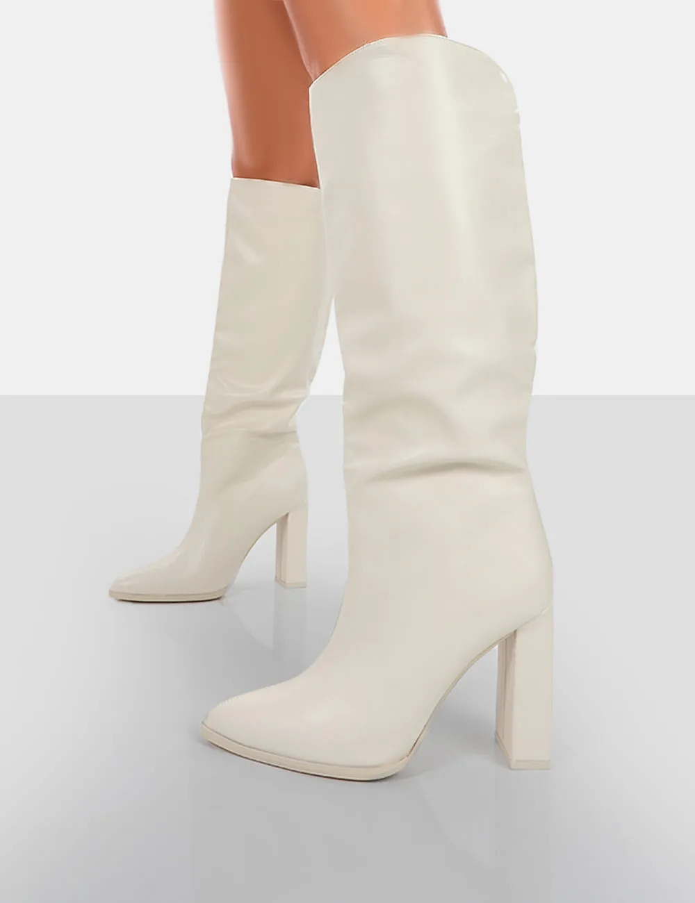 Far Away Ecru Grain PU Square Toe Knee High Boots