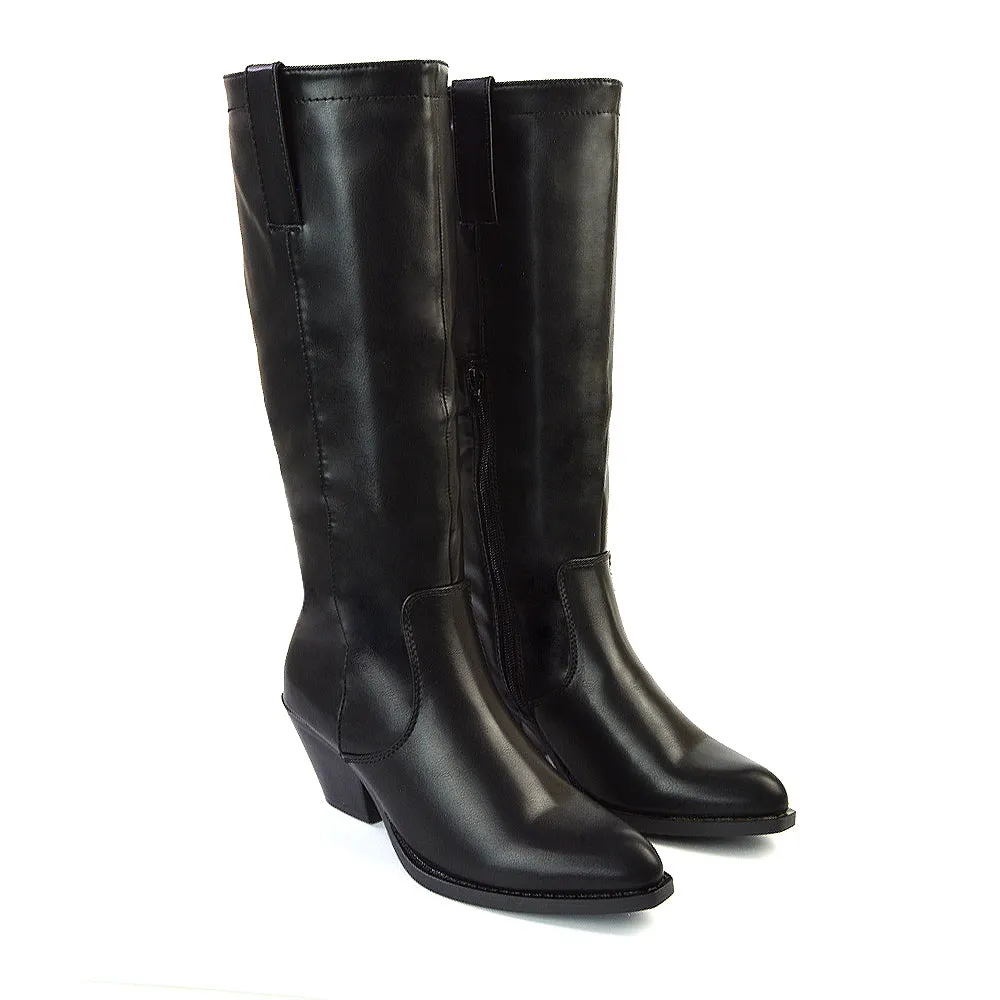 Fleur Western Knee High Cowboy Boots With Block Heel in Black Synthetic Leather