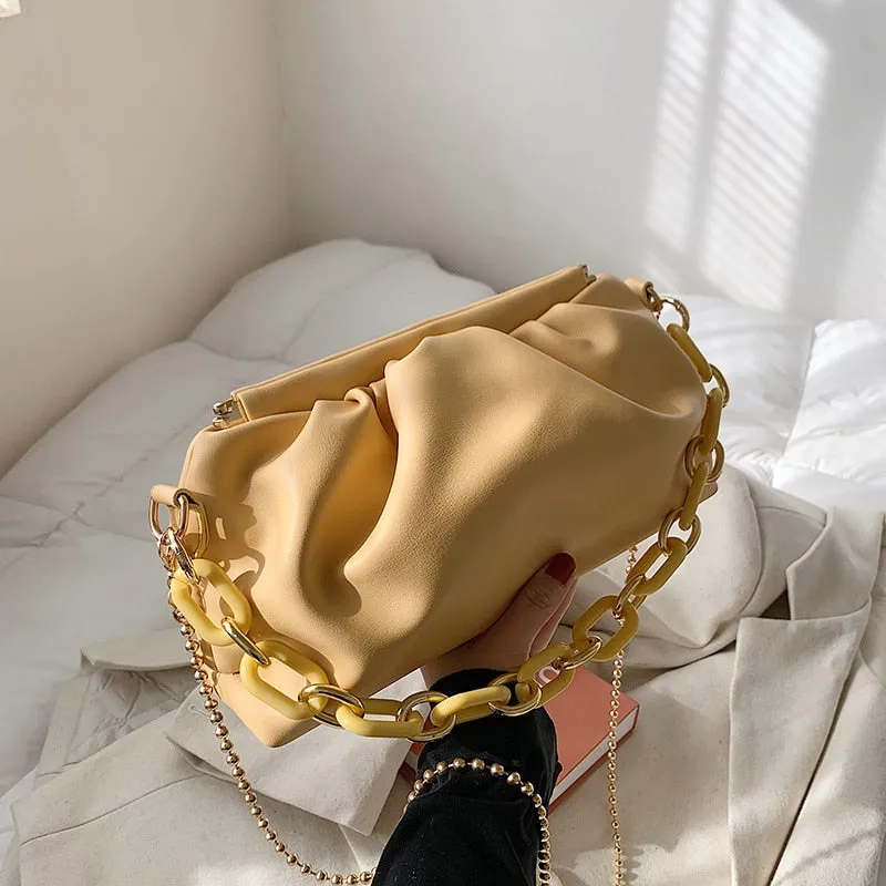 Folds Design Small Simple PU Leather Shoulder Crossbody Bag For Women 2021 Summer Chain Handbags And Purses Travel Clutch