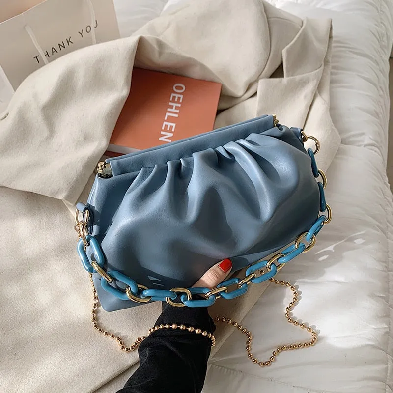 Folds Design Small Simple PU Leather Shoulder Crossbody Bag For Women 2021 Summer Chain Handbags And Purses Travel Clutch