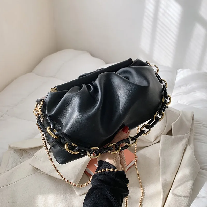 Folds Design Small Simple PU Leather Shoulder Crossbody Bag For Women 2021 Summer Chain Handbags And Purses Travel Clutch
