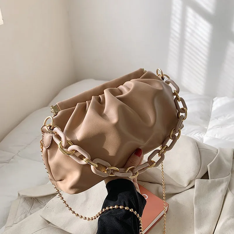 Folds Design Small Simple PU Leather Shoulder Crossbody Bag For Women 2021 Summer Chain Handbags And Purses Travel Clutch