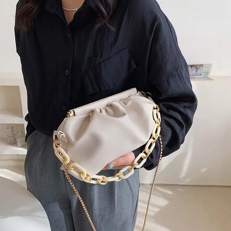 Folds Design Small Simple PU Leather Shoulder Crossbody Bag For Women 2021 Summer Chain Handbags And Purses Travel Clutch