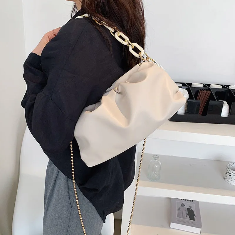 Folds Design Small Simple PU Leather Shoulder Crossbody Bag For Women 2021 Summer Chain Handbags And Purses Travel Clutch