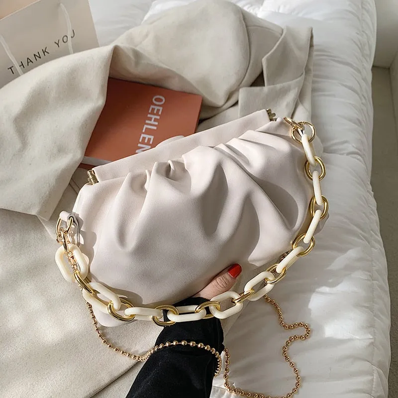 Folds Design Small Simple PU Leather Shoulder Crossbody Bag For Women 2021 Summer Chain Handbags And Purses Travel Clutch