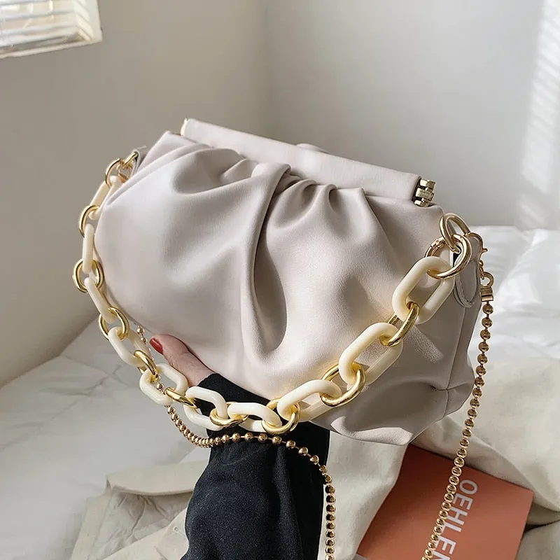 Folds Design Small Simple PU Leather Shoulder Crossbody Bag For Women 2021 Summer Chain Handbags And Purses Travel Clutch