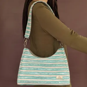 Green and Sliver Shimmery Striped Upcycled Handwoven Baguette Bag (BTB0724-005) PS_W