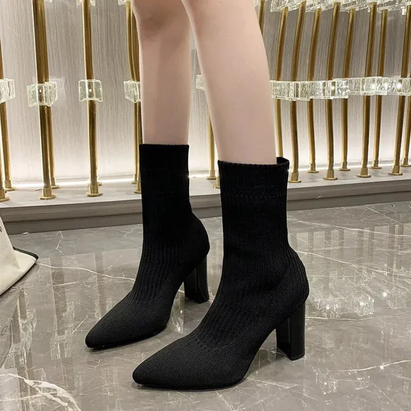 Joskaa 2024 New Women's Pointed Fashion Slim Socks and Boots Casual Fashion Thick High Heel Socks and Boots