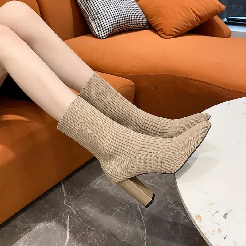 Joskaa 2024 New Women's Pointed Fashion Slim Socks and Boots Casual Fashion Thick High Heel Socks and Boots