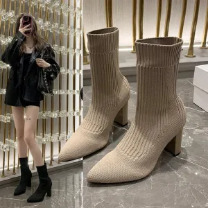 Joskaa 2024 New Women's Pointed Fashion Slim Socks and Boots Casual Fashion Thick High Heel Socks and Boots