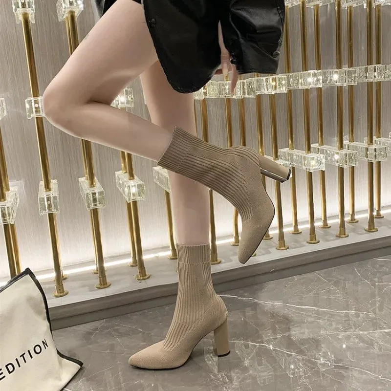 Joskaa 2024 New Women's Pointed Fashion Slim Socks and Boots Casual Fashion Thick High Heel Socks and Boots