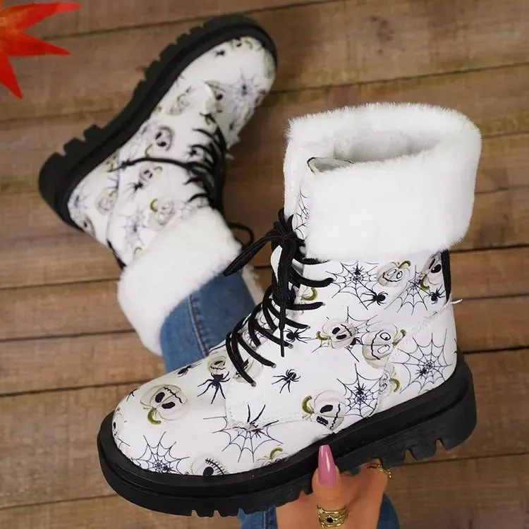 Joskaa 2024 Skull Flower Print High-Top Sneakers Women Boot Autumn Winter Fashion Woman Ankle Boots Adult Mujer Plus Size 43