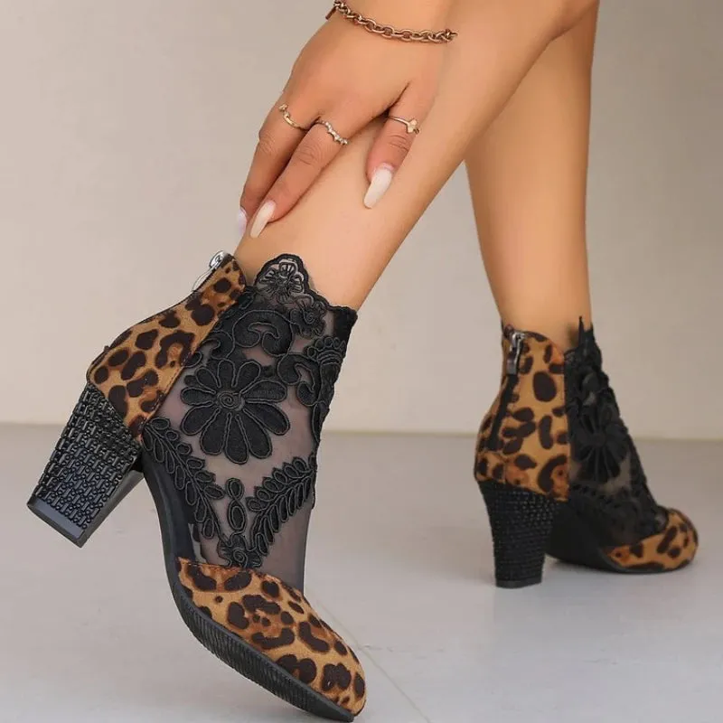 Joskaa FHC 2024 New Women Lace Sandals Boots,Mesh Shoes Booties,High Heels Summer ,Pointed toe,Back Zip,Silver,Leopard,Dropship