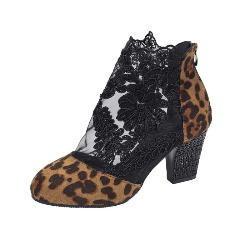 Joskaa FHC 2024 New Women Lace Sandals Boots,Mesh Shoes Booties,High Heels Summer ,Pointed toe,Back Zip,Silver,Leopard,Dropship