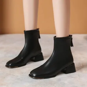 Joskaa Square Toe Women Ankle Boots Flock Stretch Shoes Thin Mid Heels Black/Brown/Beige Back Zipper Dress Sock Boots Woman Size 34-40