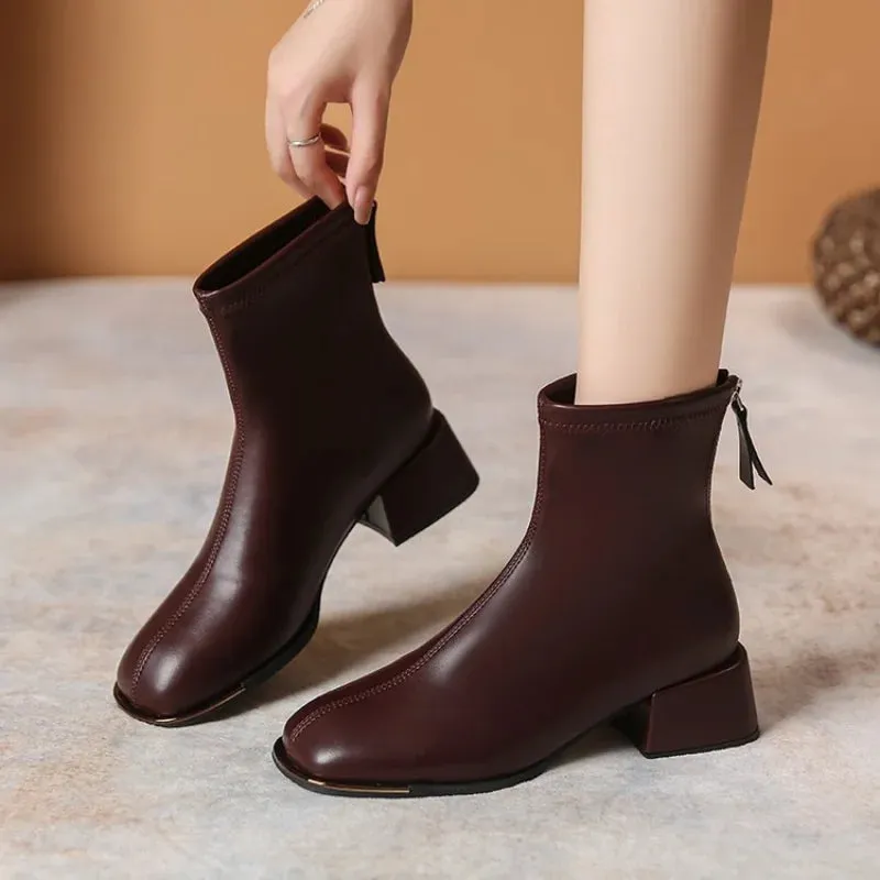 Joskaa Square Toe Women Ankle Boots Flock Stretch Shoes Thin Mid Heels Black/Brown/Beige Back Zipper Dress Sock Boots Woman Size 34-40