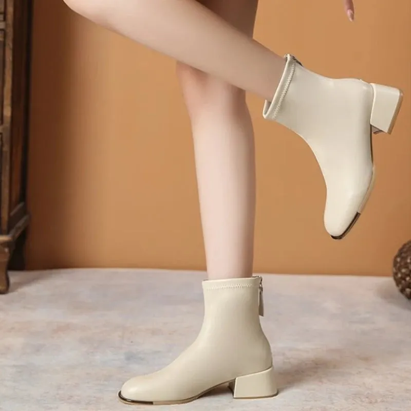 Joskaa Square Toe Women Ankle Boots Flock Stretch Shoes Thin Mid Heels Black/Brown/Beige Back Zipper Dress Sock Boots Woman Size 34-40