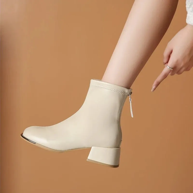 Joskaa Square Toe Women Ankle Boots Flock Stretch Shoes Thin Mid Heels Black/Brown/Beige Back Zipper Dress Sock Boots Woman Size 34-40
