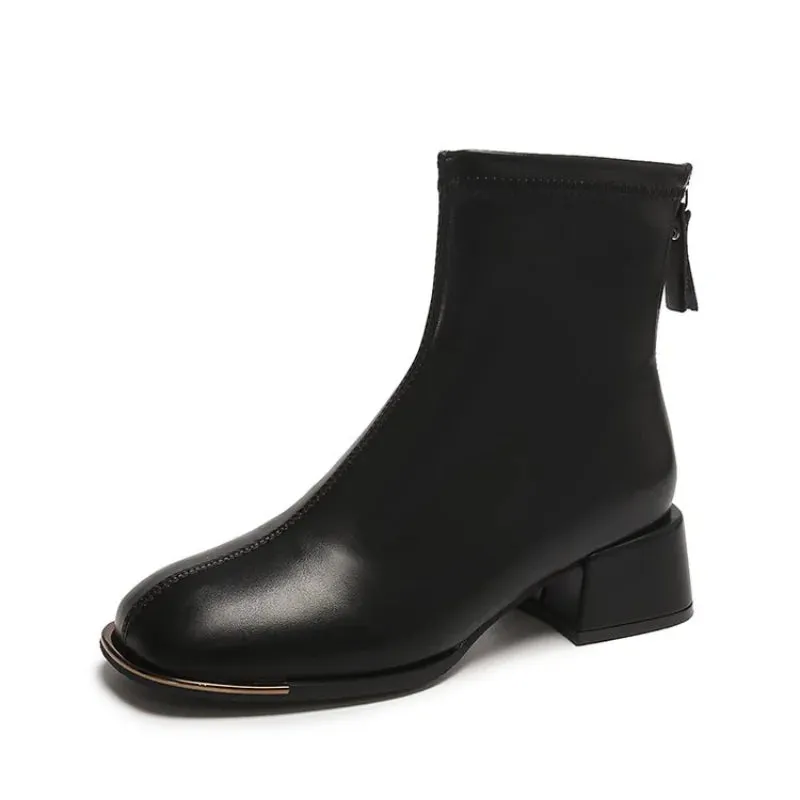 Joskaa Square Toe Women Ankle Boots Flock Stretch Shoes Thin Mid Heels Black/Brown/Beige Back Zipper Dress Sock Boots Woman Size 34-40