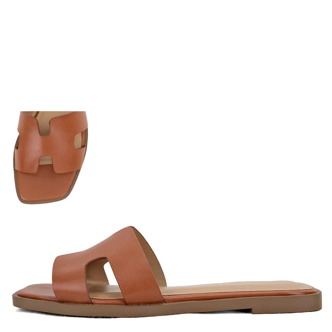Knit | Square Toe Slip-On Sandals | Cognac