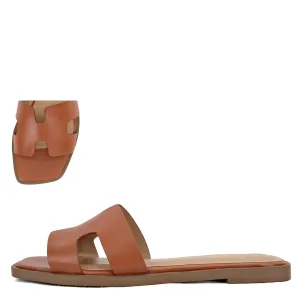 Knit | Square Toe Slip-On Sandals | Cognac